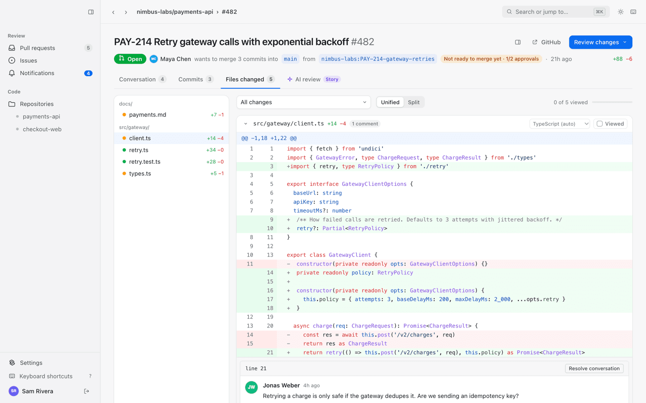A syntax-highlighted diff with the file tree and inspector alongside it